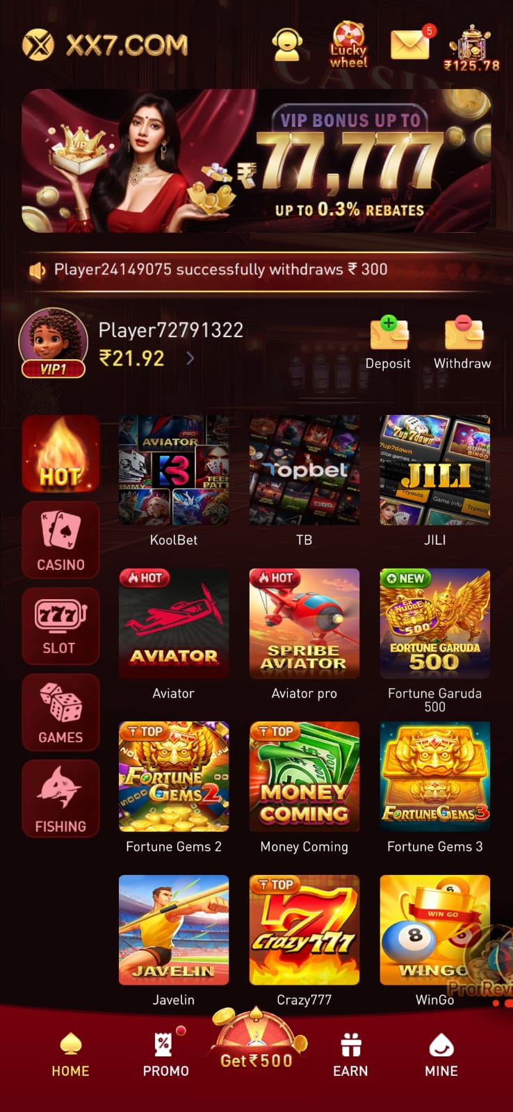 XX7 Game app home screen with slot, casino, fishing and games categories